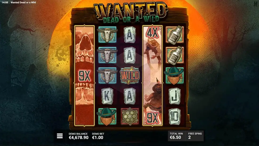 Wanted Dead or a Wild base game grid in demo mode